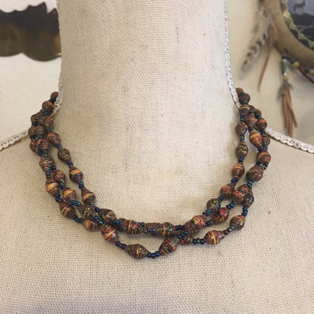 Handmade multi strand paper bead choker necklace